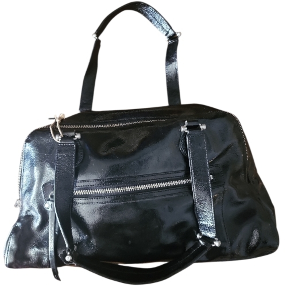 LIZ CLAIBORNE | Patent Cow Hide Leather Black Double Silver Zipper Shoulder Bag